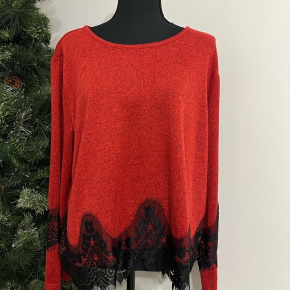 Red Asymmetrical Boxy Blouse with Black Lace Detail - Picture 1 of 6